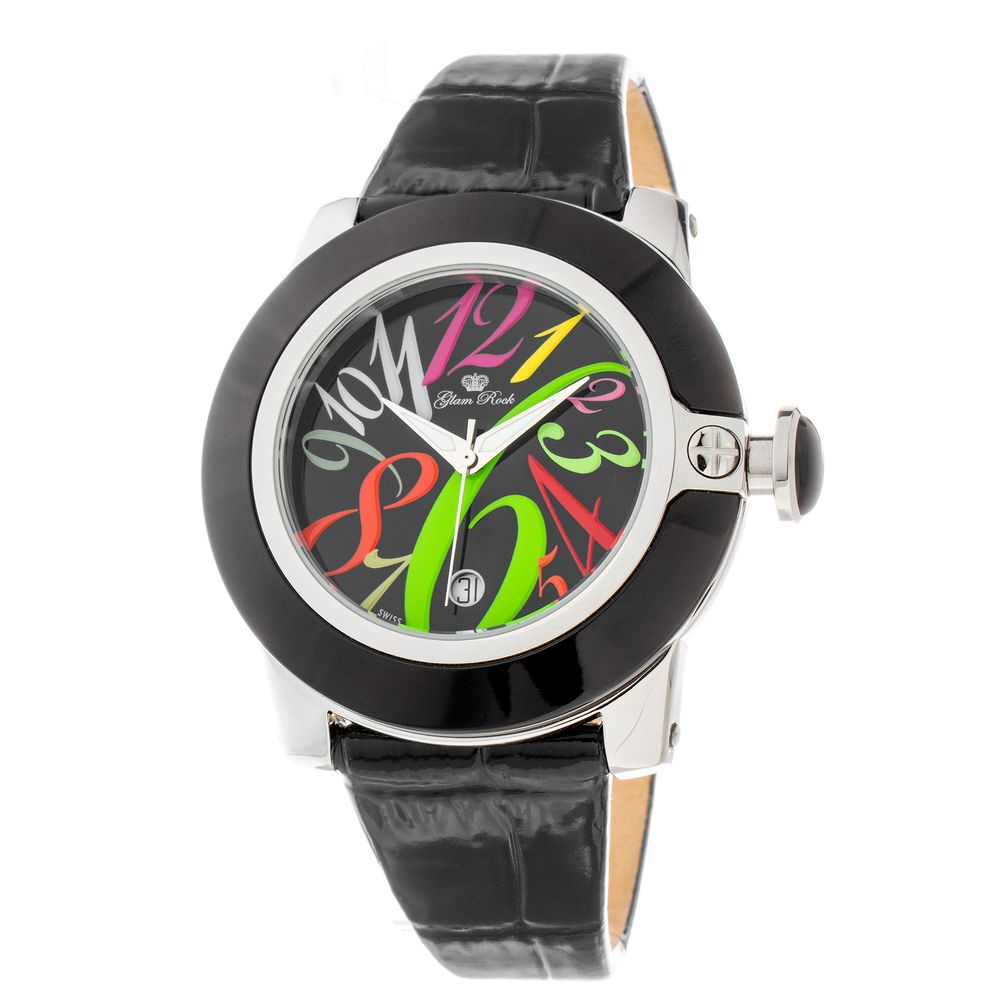 Black Leather Dress Watch, Glam Rock Damenuhr