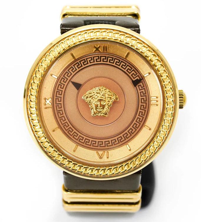 Versace V Metal Icon Damenuhr mit goldenem Zifferblatt und braunem Armband – VLC130016