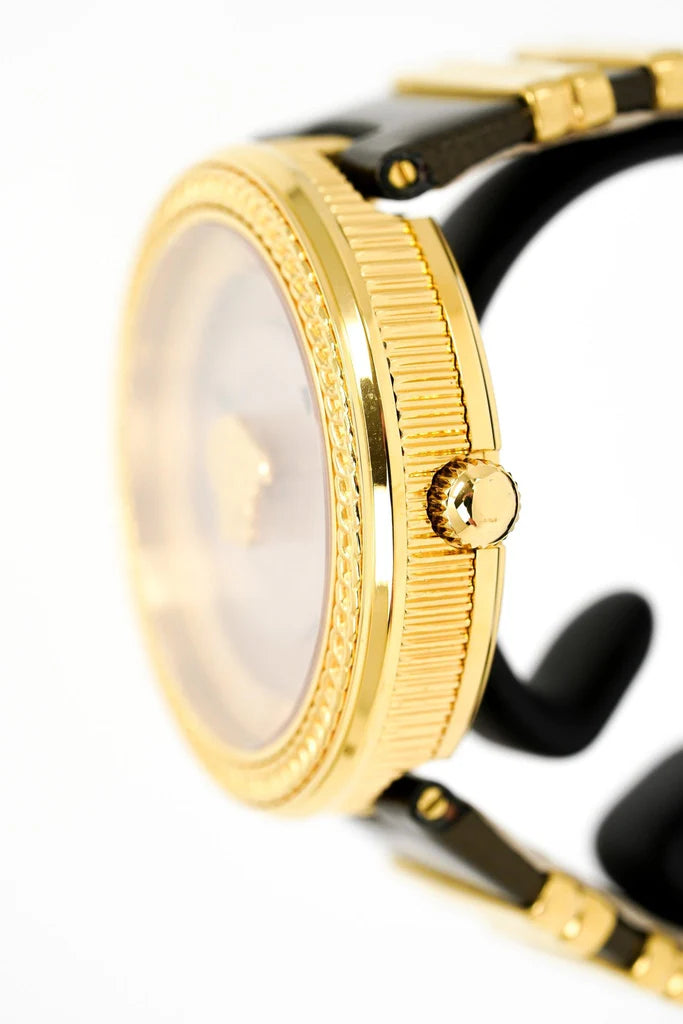 Versace V Metal Icon Damenuhr mit goldenem Zifferblatt und braunem Armband – VLC130016