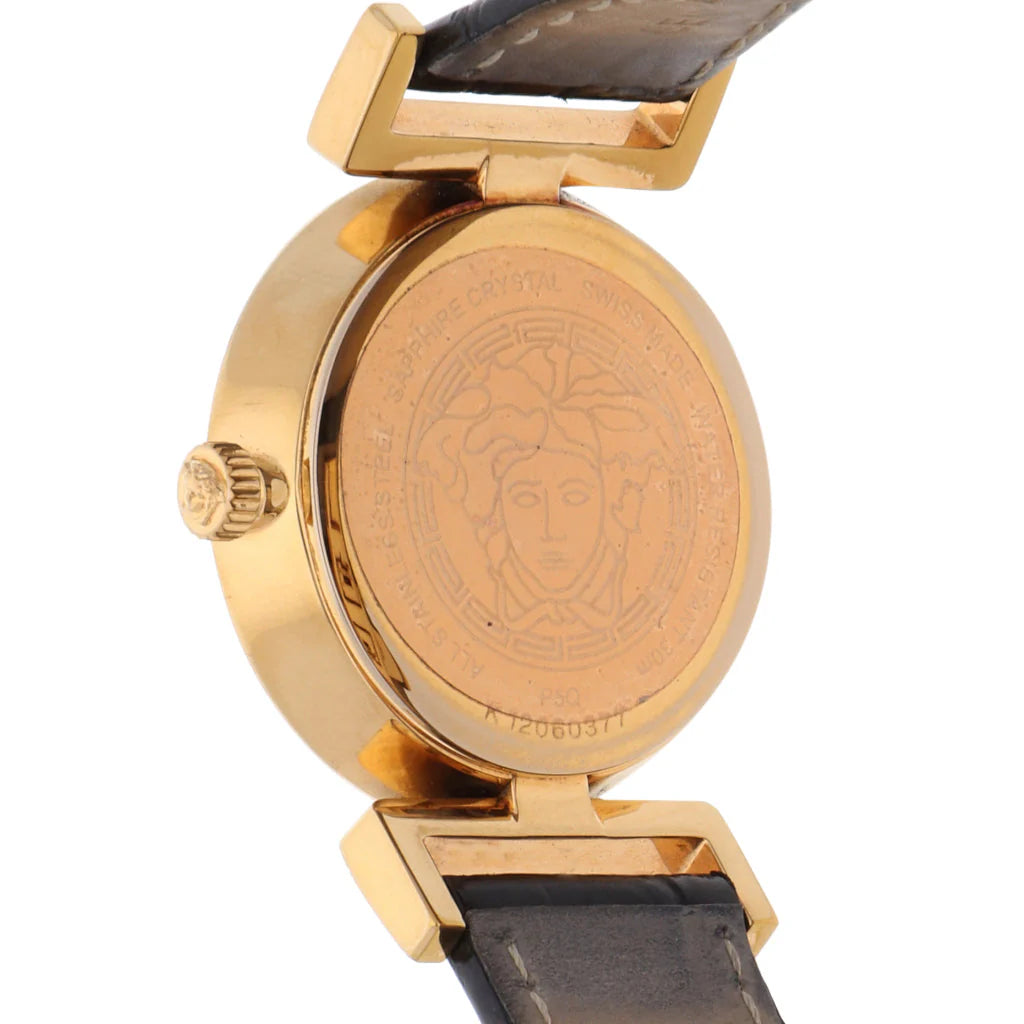 Versace V Metal Icon Damenuhr mit goldenem Zifferblatt und braunem Armband – VLC130016