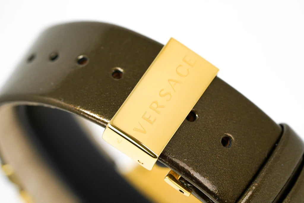 Versace V Metal Icon Damenuhr mit goldenem Zifferblatt und braunem Armband – VLC130016