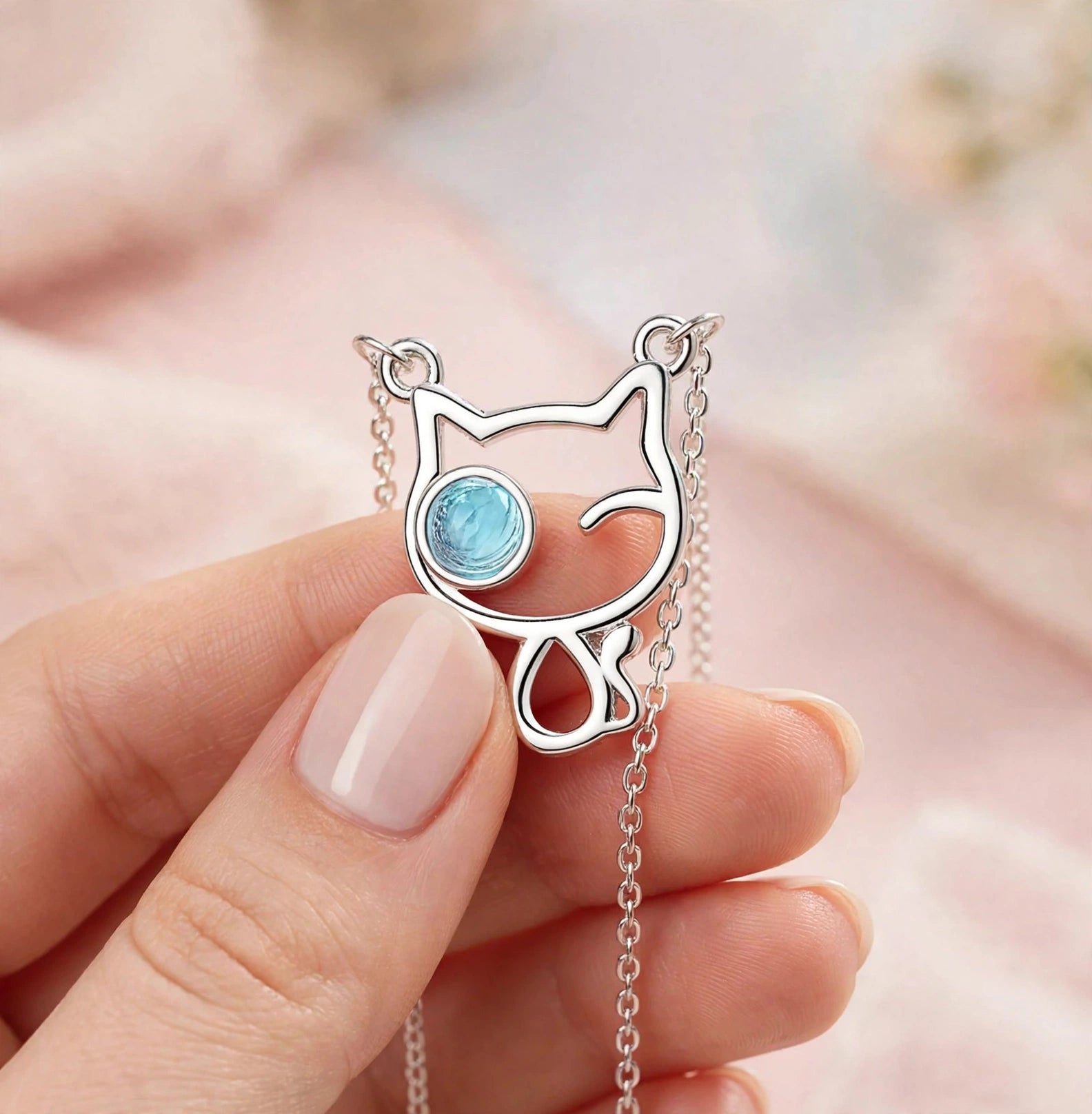MIAU - Filigrane Katzen-Kette mit blauem Kristall | Silber