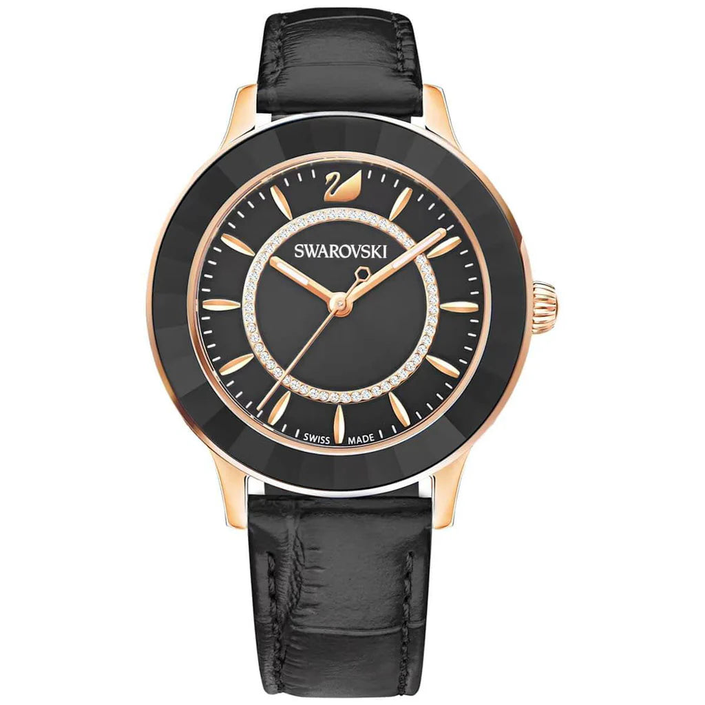 Swarovski Octea Lux Damenuhr mit schwarzem Zifferblatt und schwarzem Lederarmband - 5414410