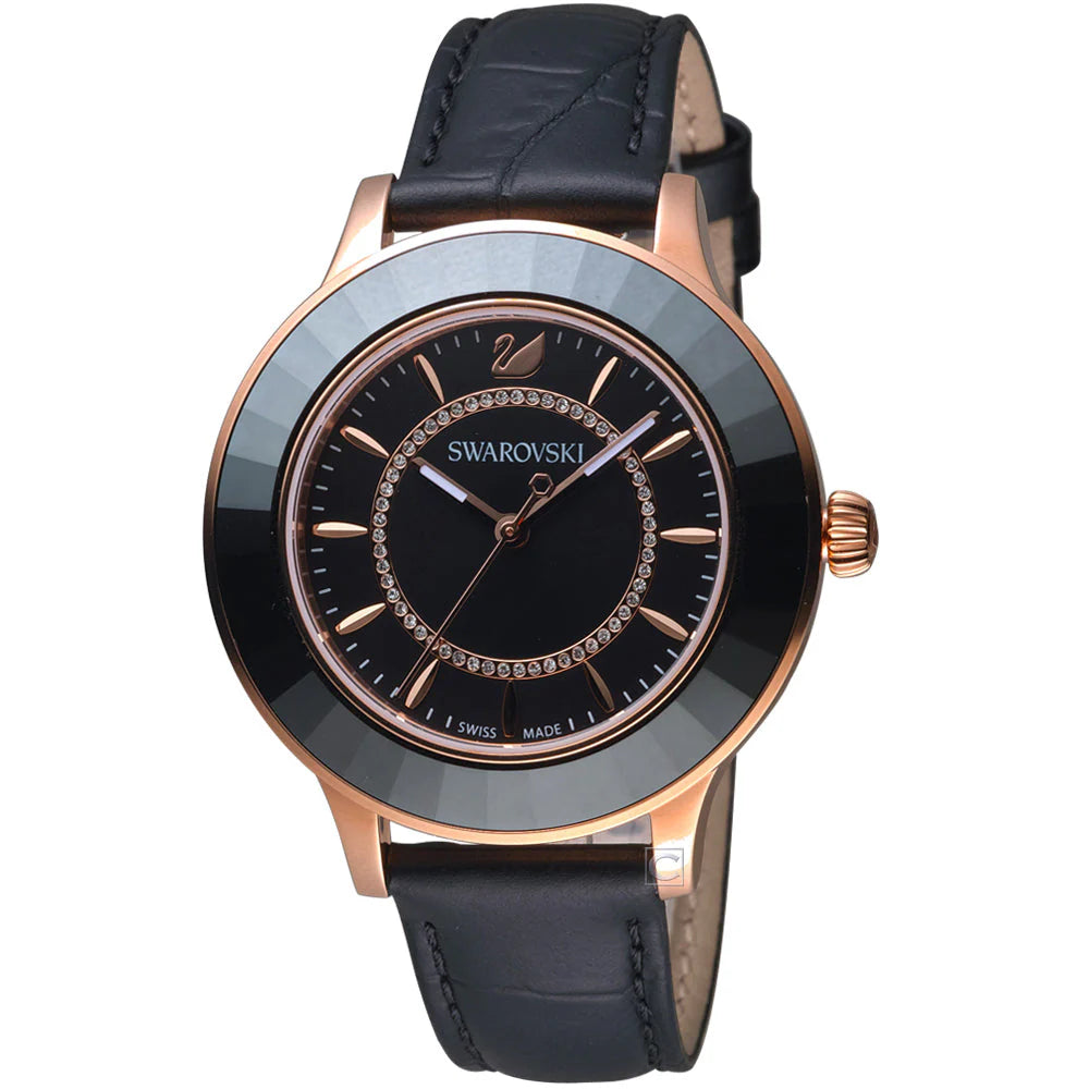 Swarovski Octea Lux Damenuhr mit schwarzem Zifferblatt und schwarzem Lederarmband - 5414410