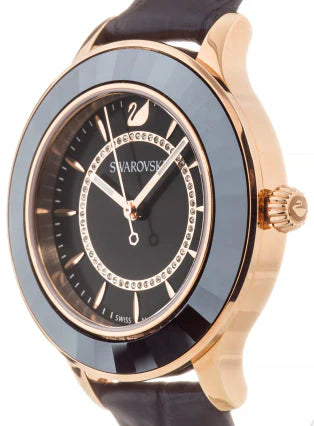 Swarovski Octea Lux Damenuhr mit schwarzem Zifferblatt und schwarzem Lederarmband - 5414410