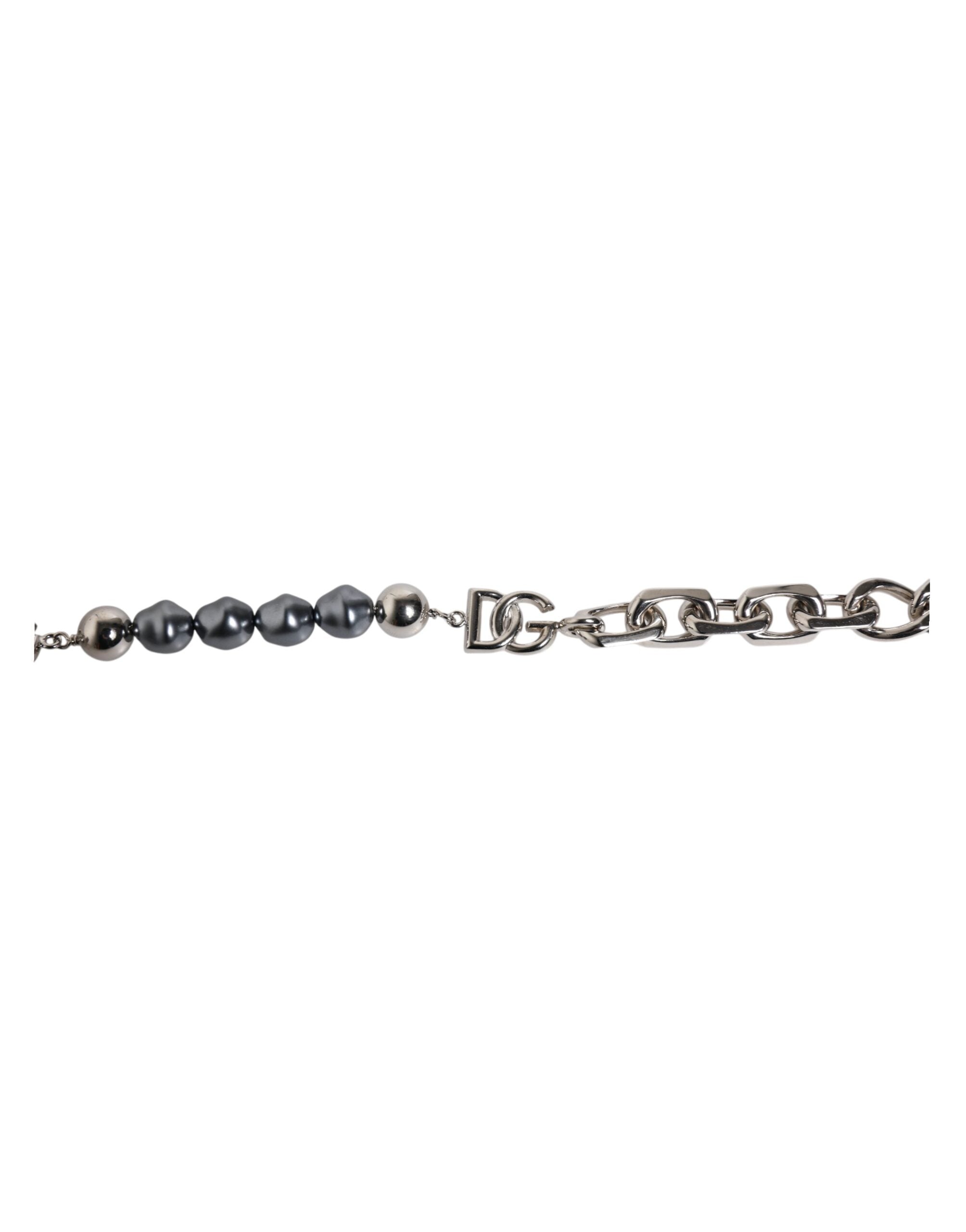 Silver Tone Chain Lobster Clasp Logo Gray Pearls Bracelet, Dolce & Gabbana