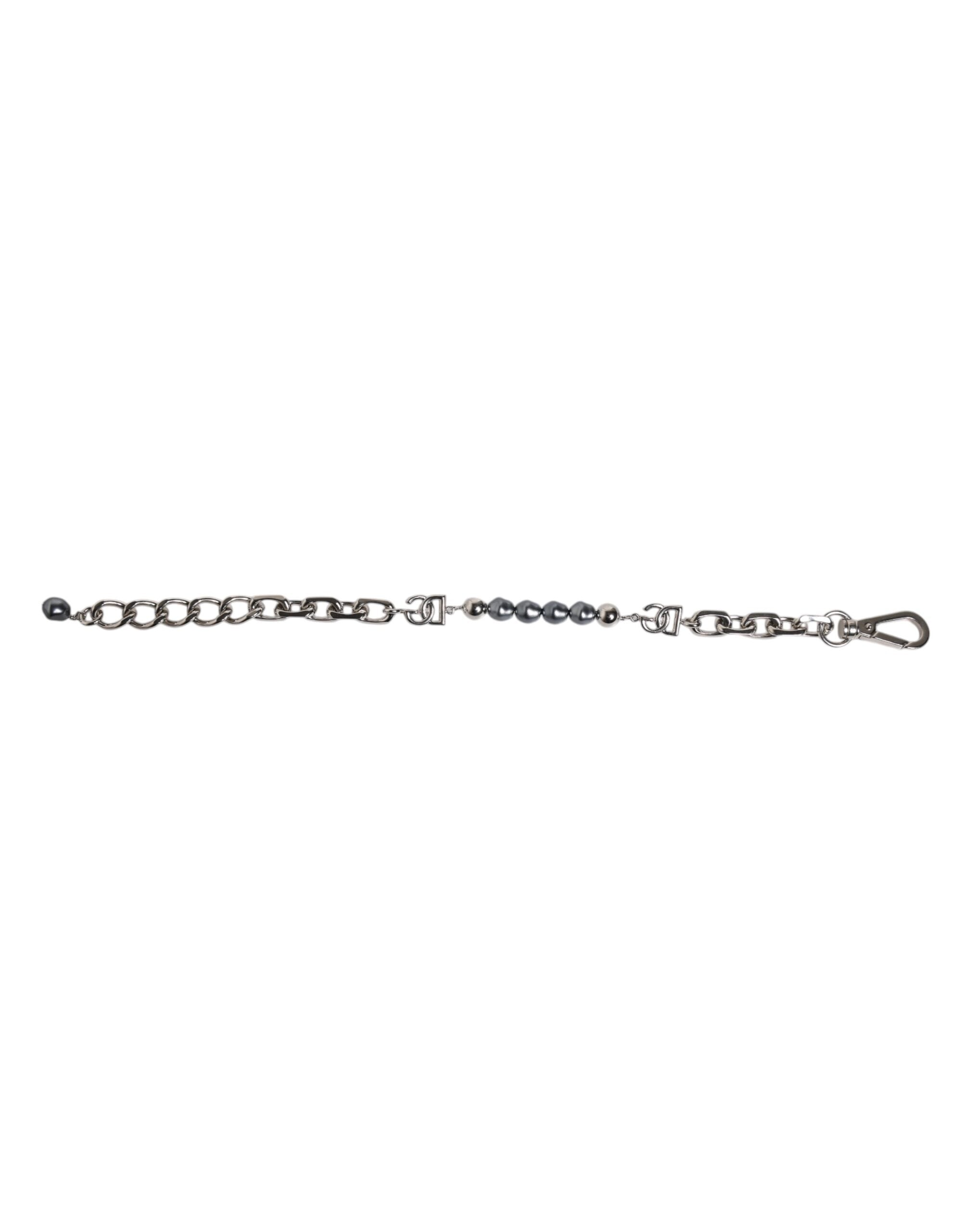 Silver Tone Chain Lobster Clasp Logo Gray Pearls Bracelet, Dolce & Gabbana