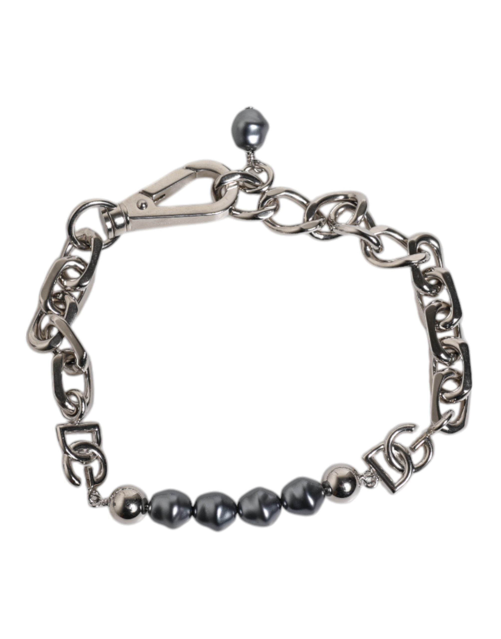 Silver Tone Chain Lobster Clasp Logo Gray Pearls Bracelet, Dolce & Gabbana