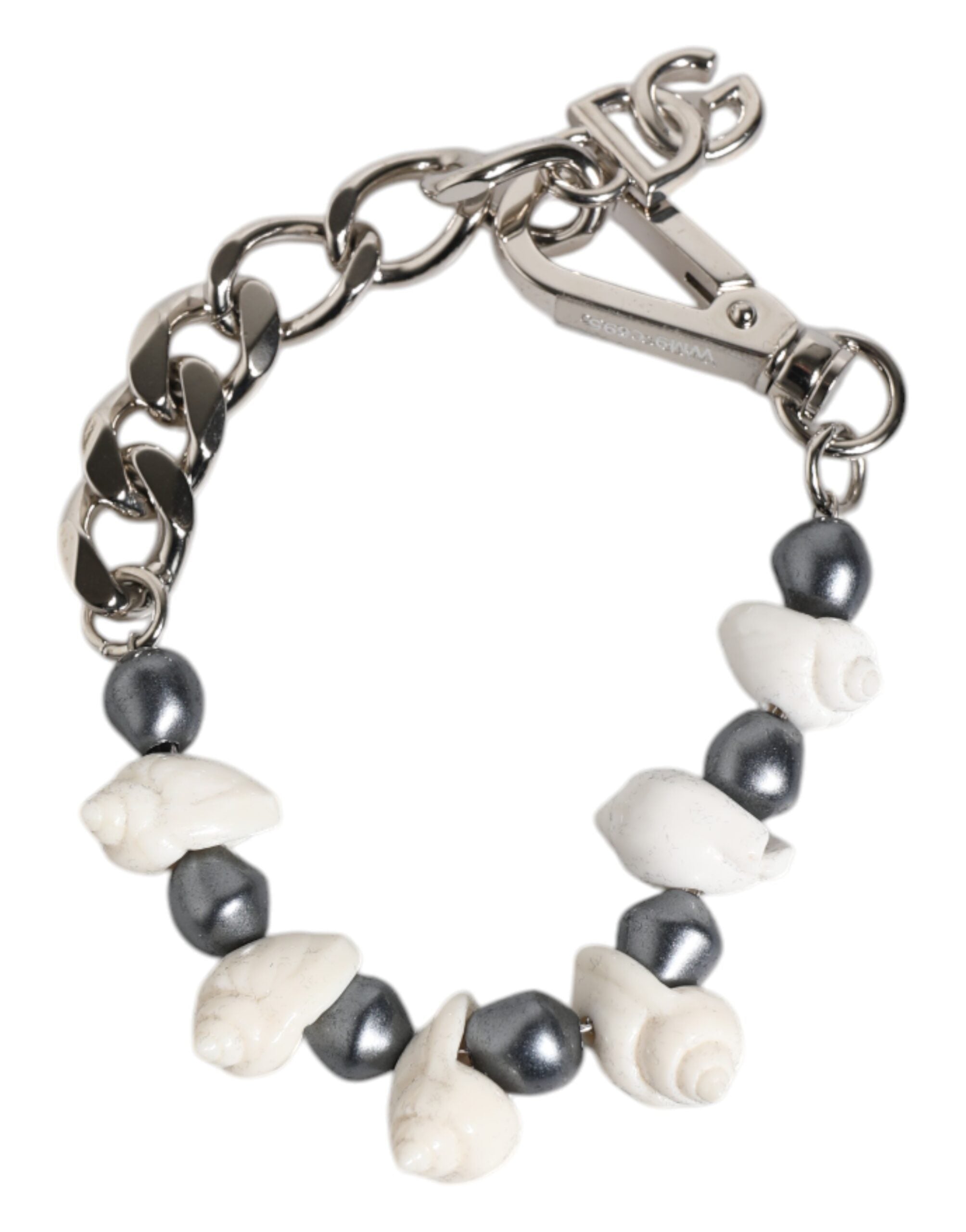 Silver Tone Brass Beaded Shell DG Logo Pendant Bracelet, Dolce & Gabbana