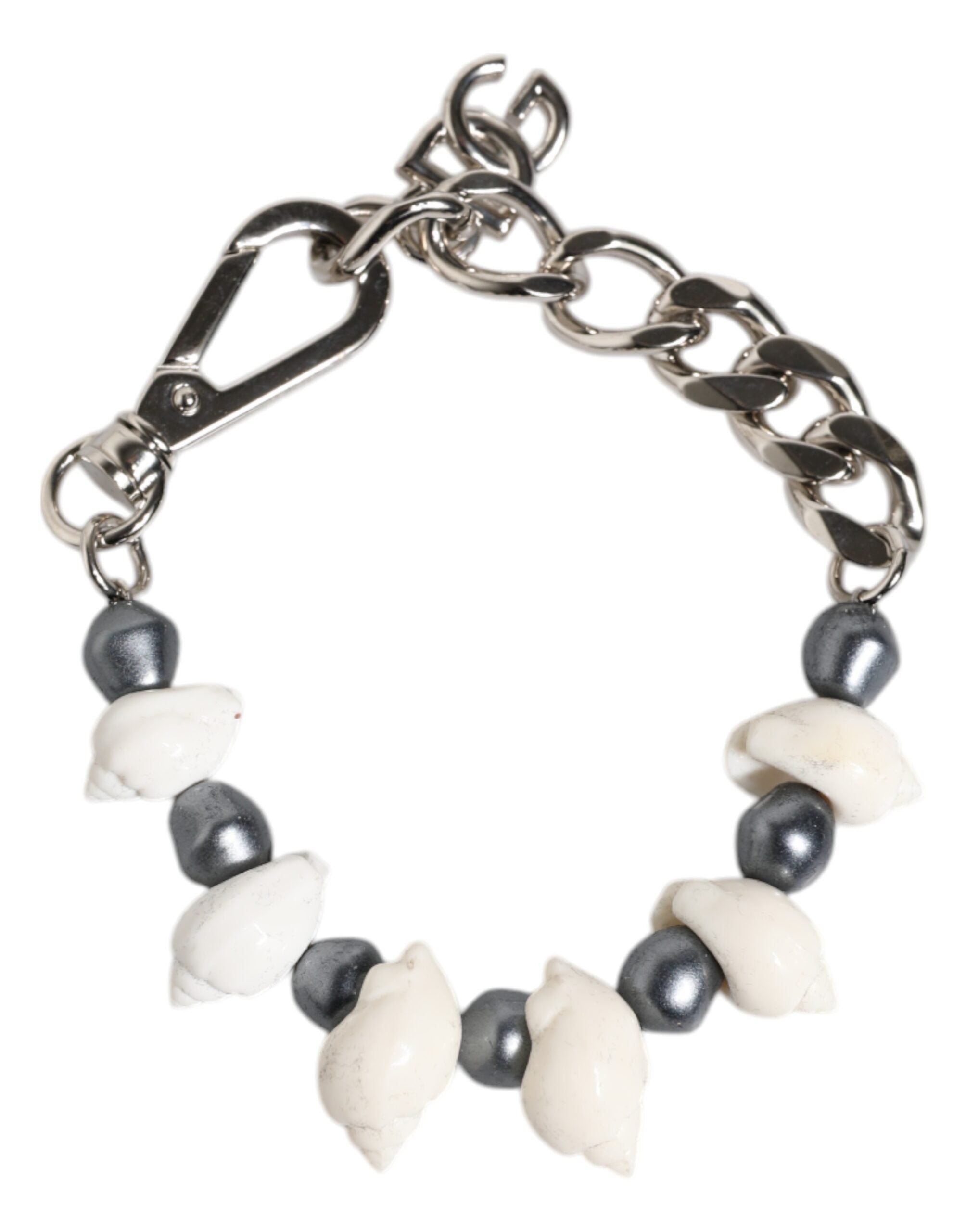 Silver Tone Brass Beaded Shell DG Logo Pendant Bracelet, Dolce & Gabbana