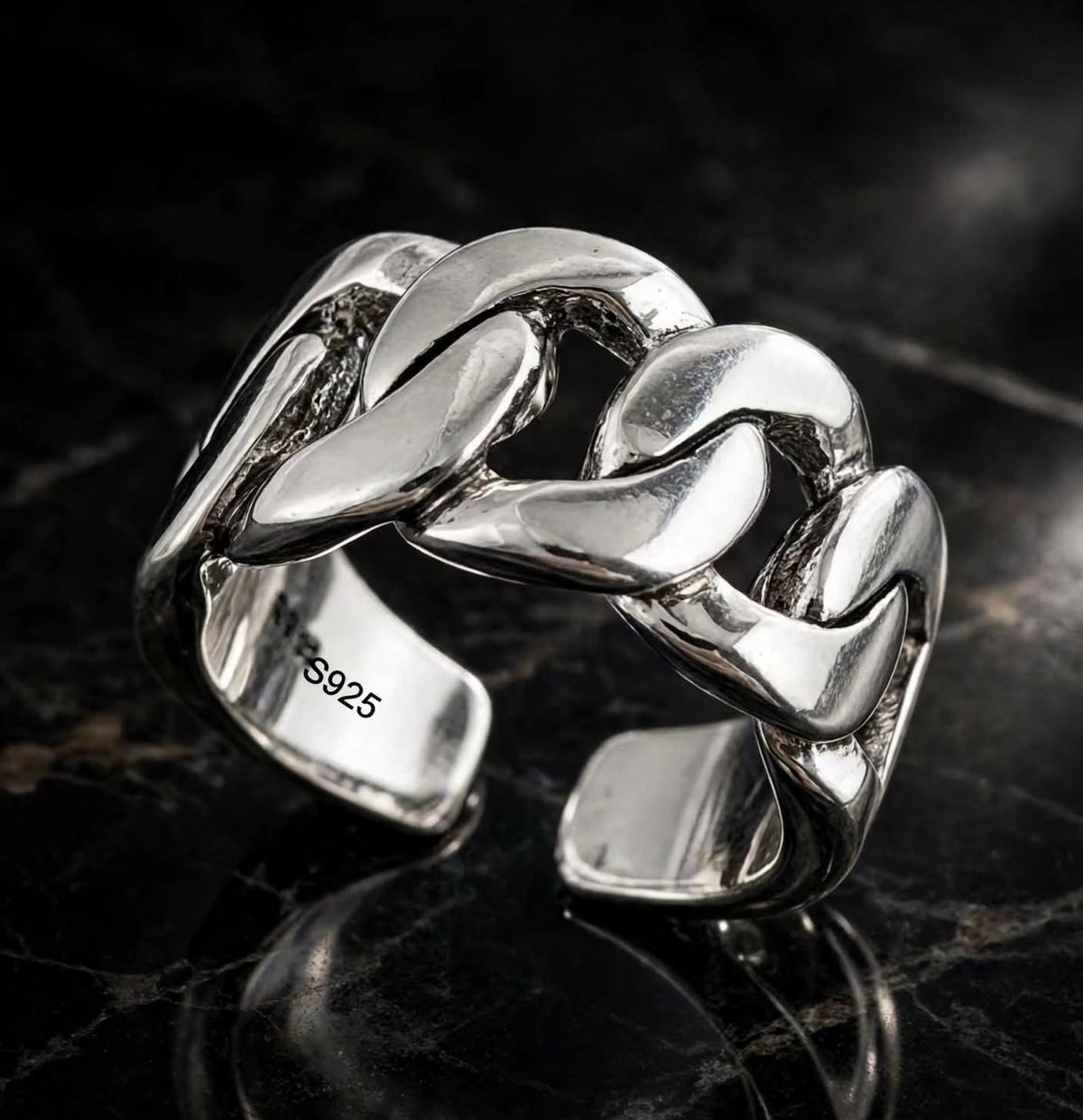 Cuban Link Ring- Breiter Wellen-Ring , 925 Silber, Silberring verstellbar | größenverstellbarer Damenring
