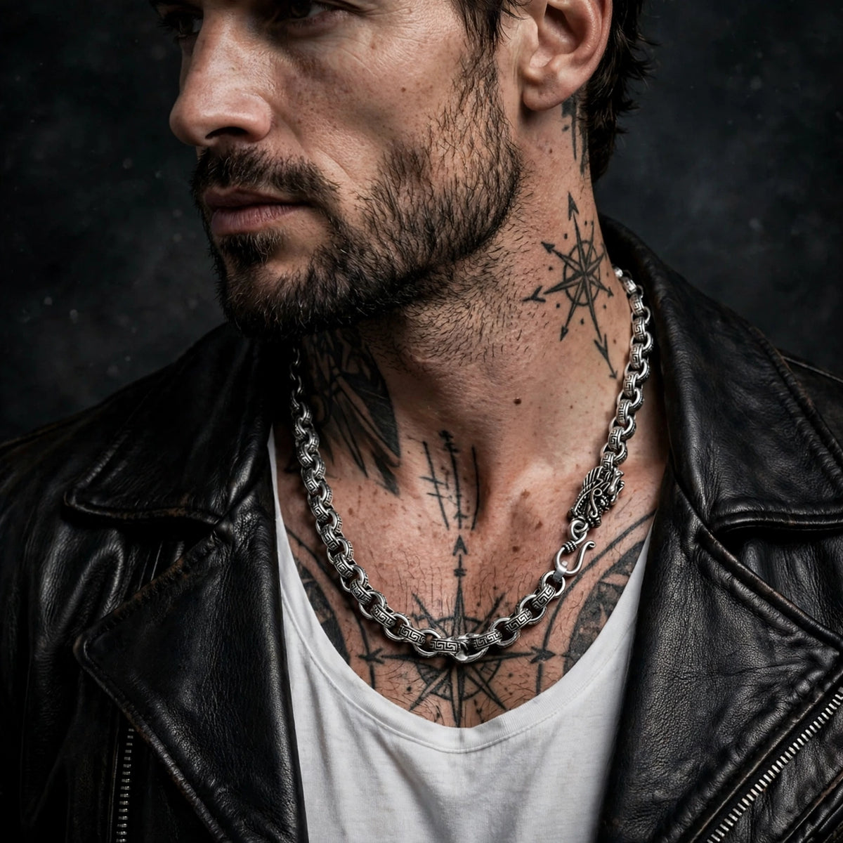 Dreagon Mäander Kette für Herren- Versace LOOk - massiv, Silber