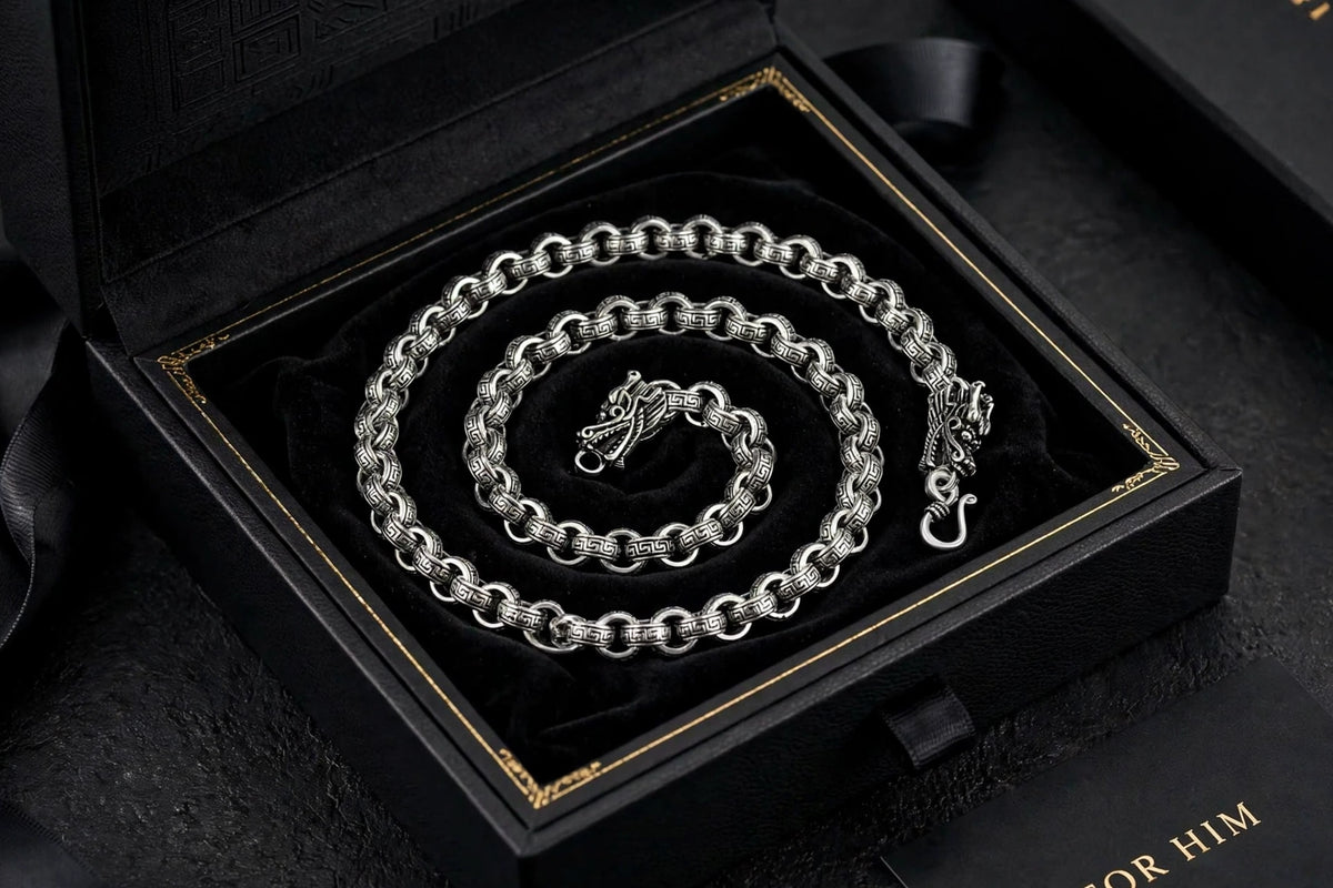 Dreagon Mäander Kette für Herren- Versace LOOk - massiv, Silber
