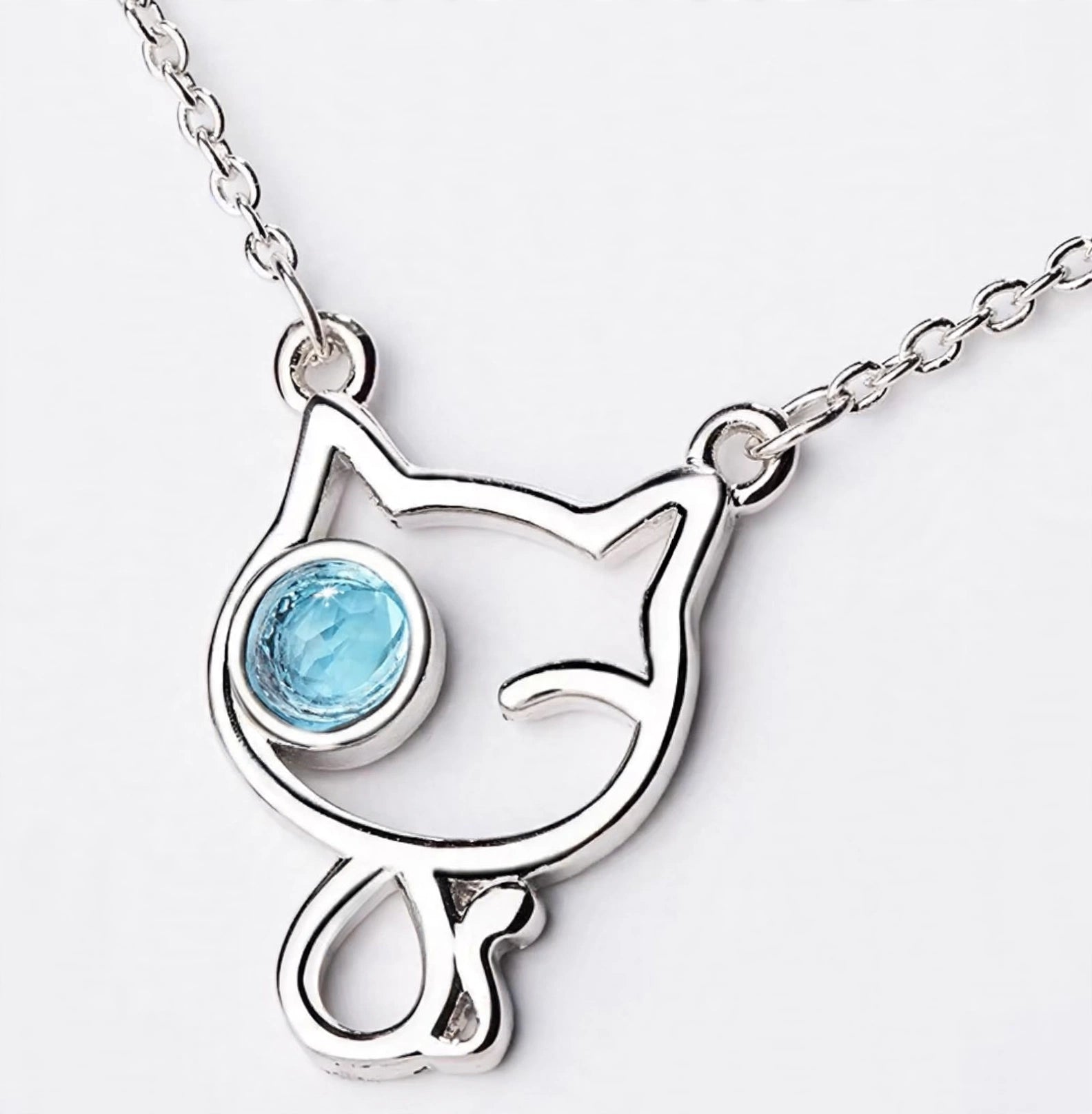 MIAU - Filigrane Katzen-Kette mit blauem Kristall | Silber