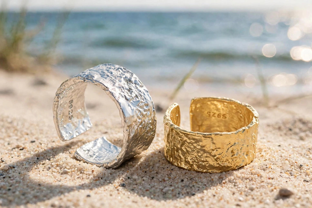 Ocean Ripple - Breiter -Ring , 925 Silber, in Silber und Goldlook, Größenvariabel