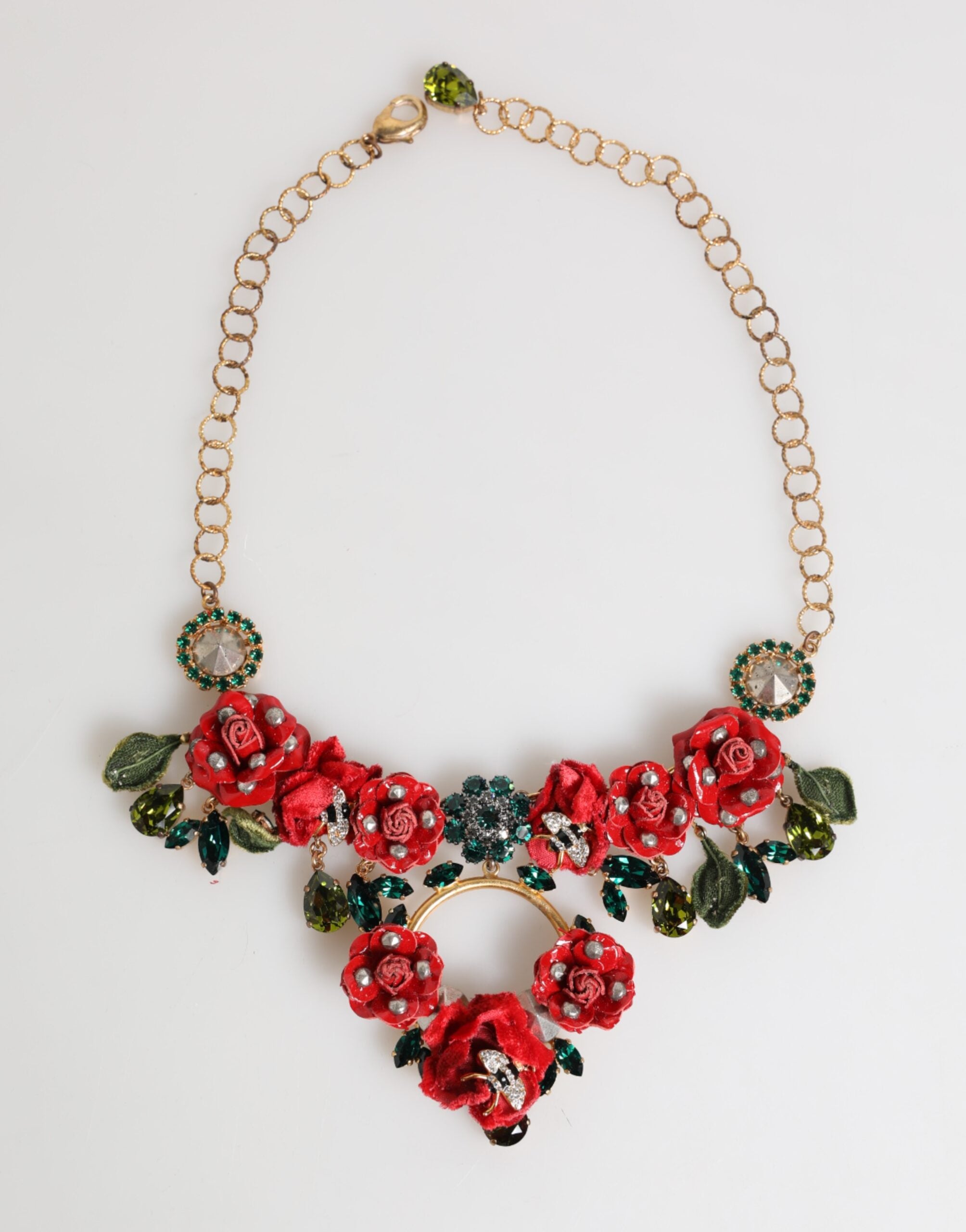 Red Rose Floral Crystal Embellished Statement Jewelry Necklace, Dolce & Gabbana