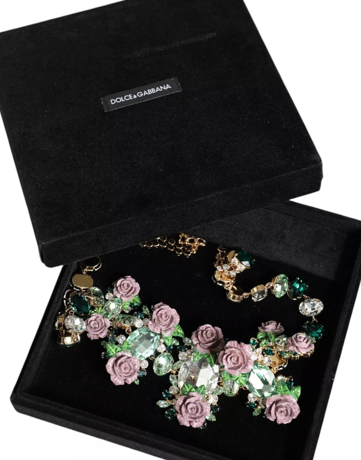 Gold Brass Link Chain Rose Petal Crystal Necklace, Dolce & Gabbana