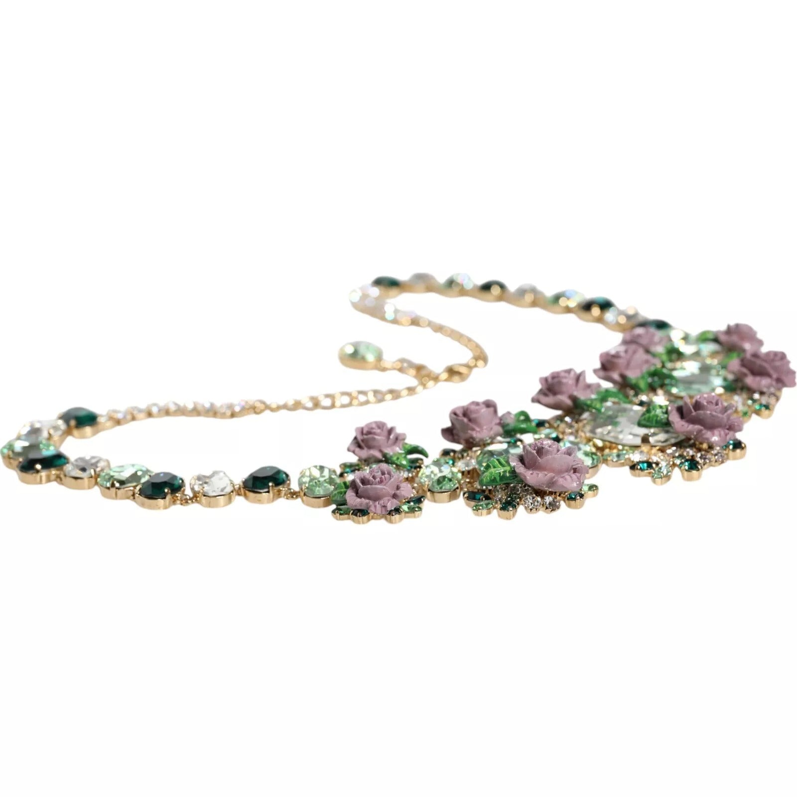 Gold Brass Link Chain Rose Petal Crystal Necklace, Dolce & Gabbana