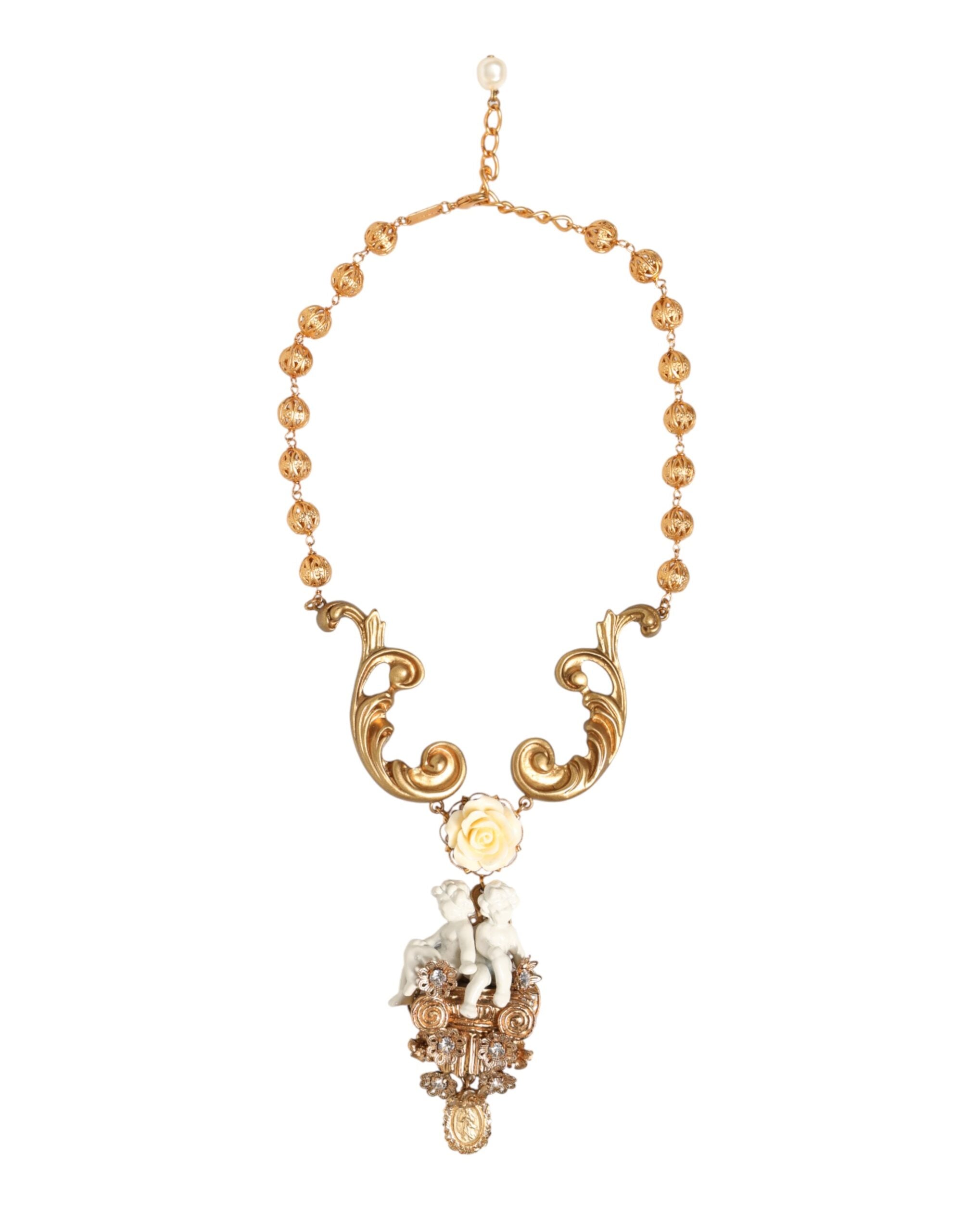 Gold Ceramic Crystal Cherub Baroque Pendant Necklac, Dolce & Gabbanae