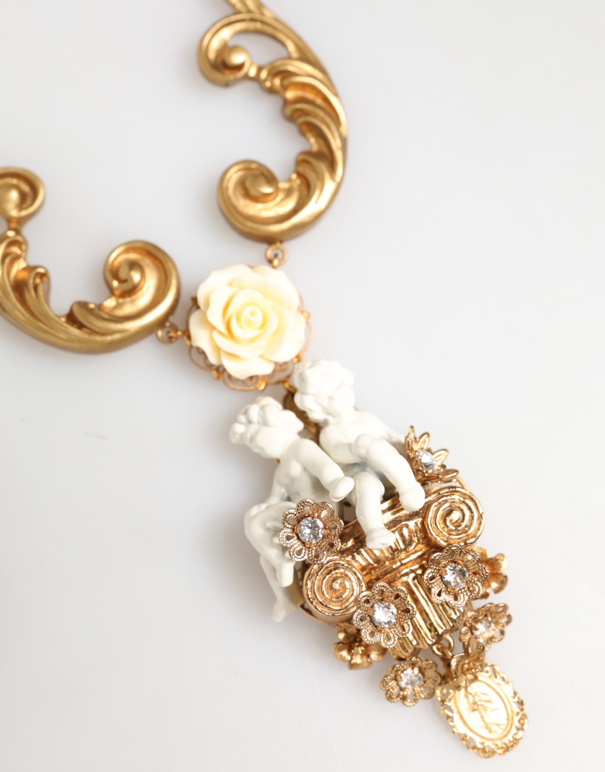 Gold Ceramic Crystal Cherub Baroque Pendant Necklac, Dolce & Gabbanae