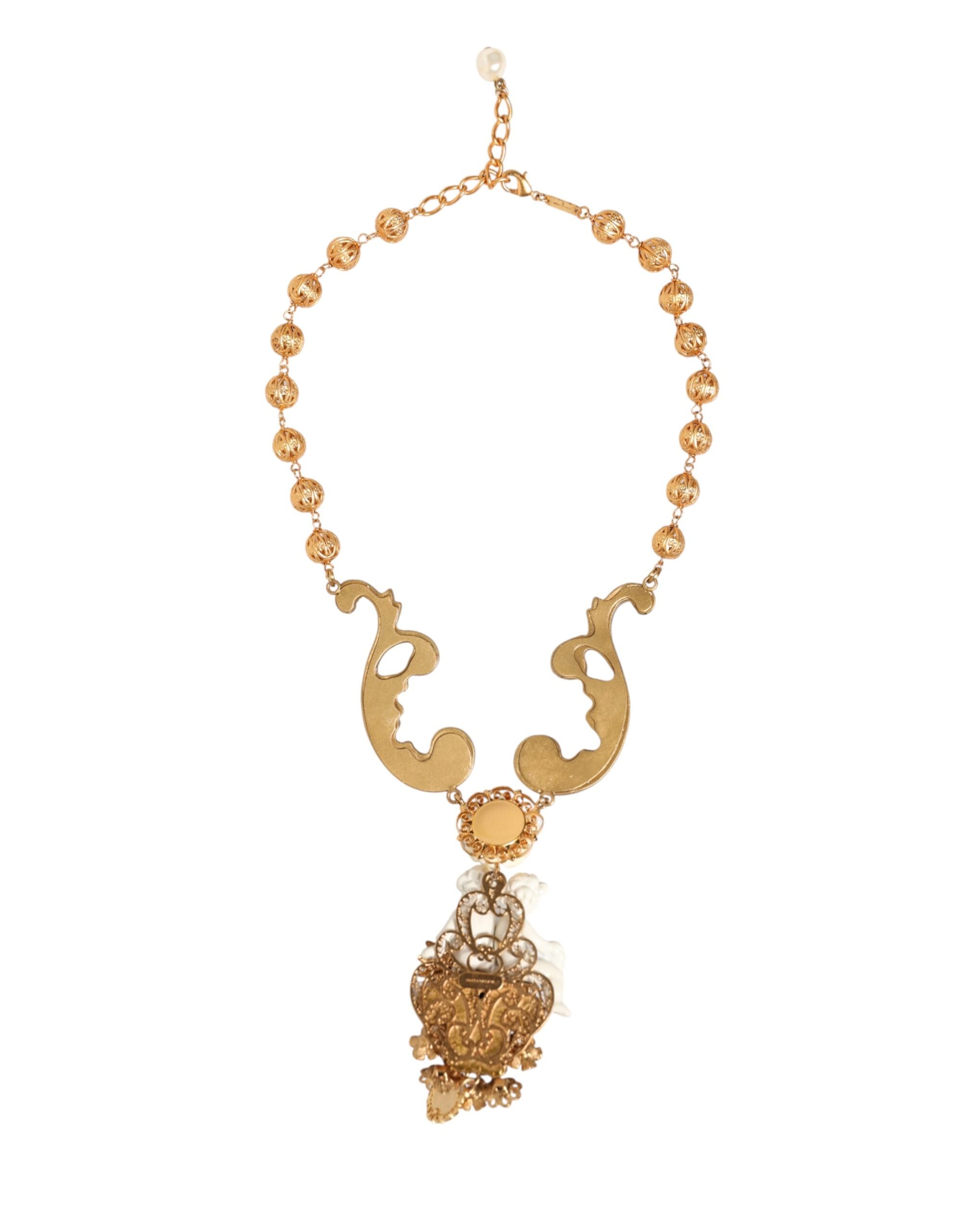 Gold Ceramic Crystal Cherub Baroque Pendant Necklac, Dolce & Gabbanae