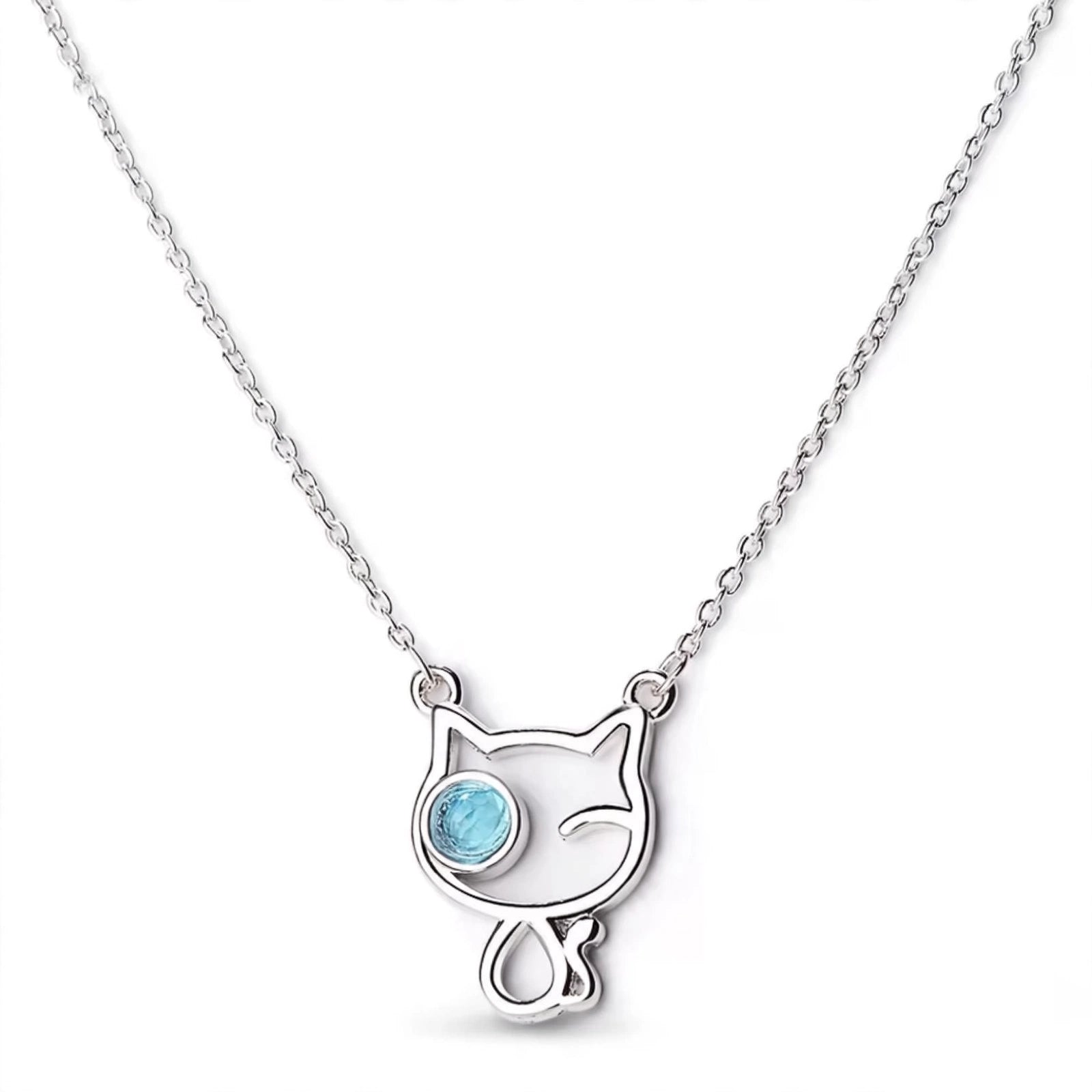 MIAU - Filigrane Katzen-Kette mit blauem Kristall | Silber