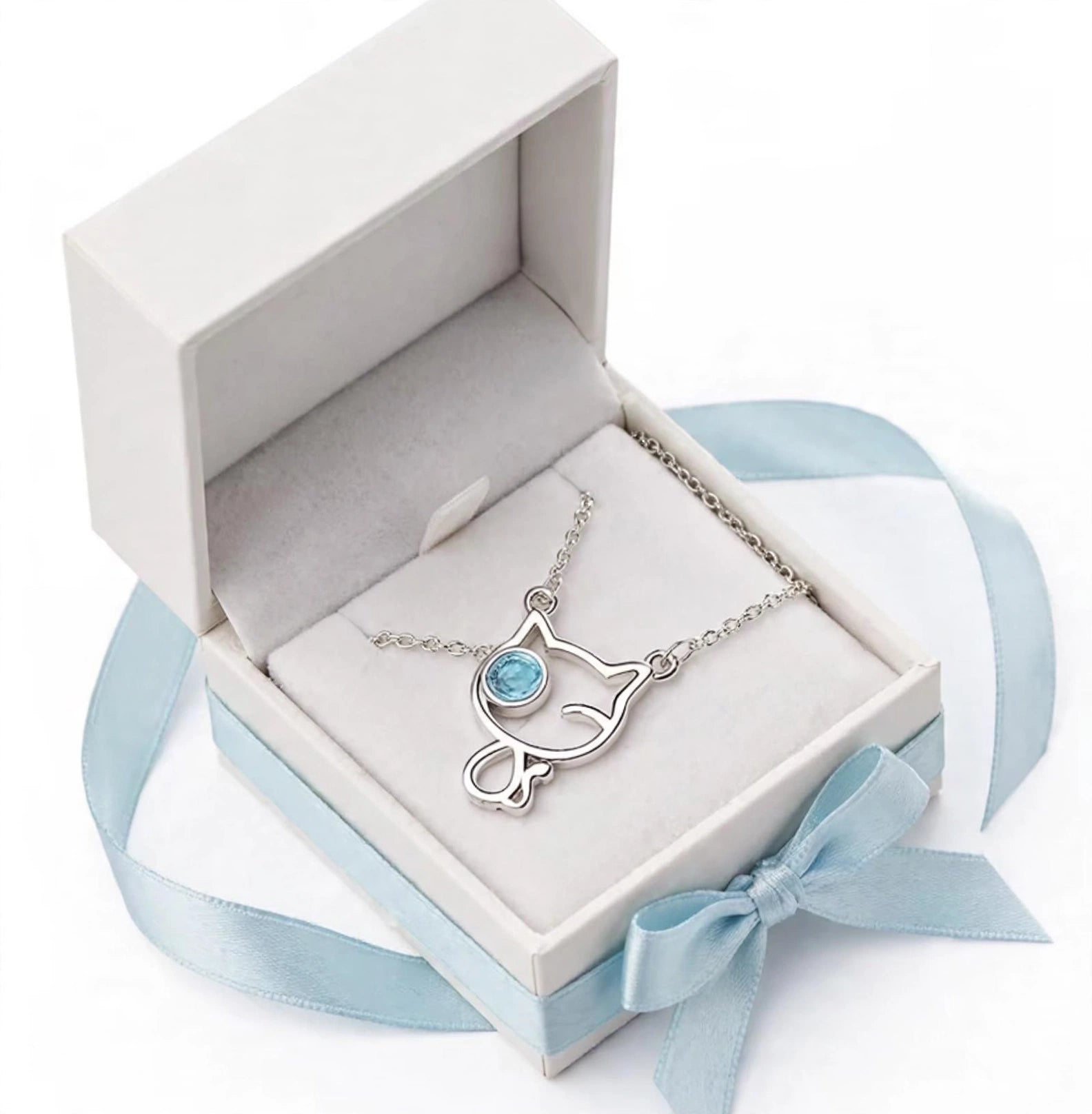 MIAU - Filigrane Katzen-Kette mit blauem Kristall | Silber