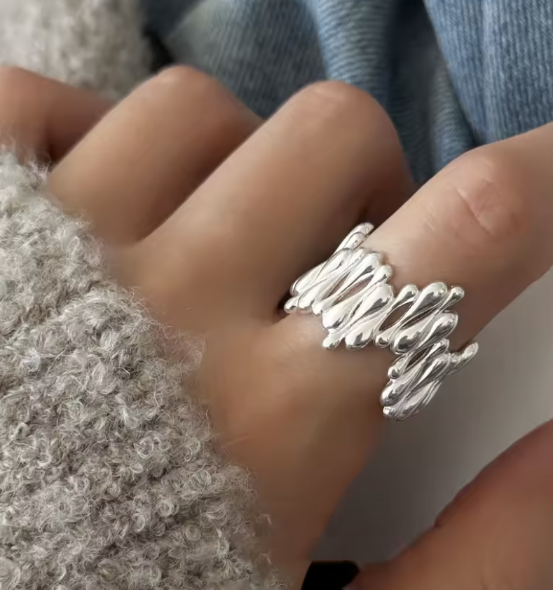 Chunky Avantgarde / Liquid Metal Style Silber Ring , 925 Silber, Silberring | größenverstellbarer Damenring