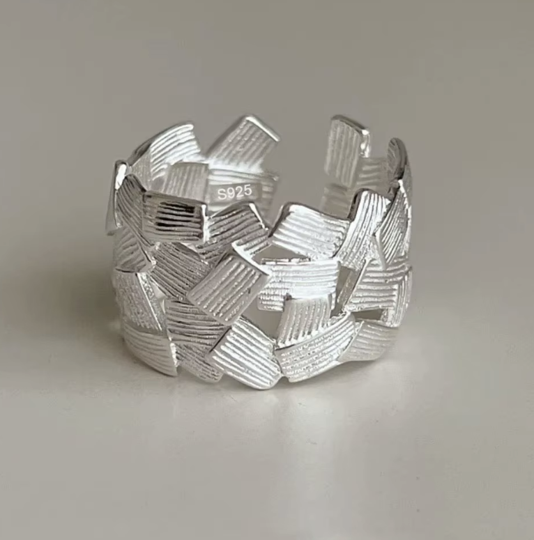 Statement Ring S925 Silber - Breiter Flecht-Ring | Boho Silberring verstellbar | MALASUgrößenverstellbarer Damenring gebürstet, Serling Silber