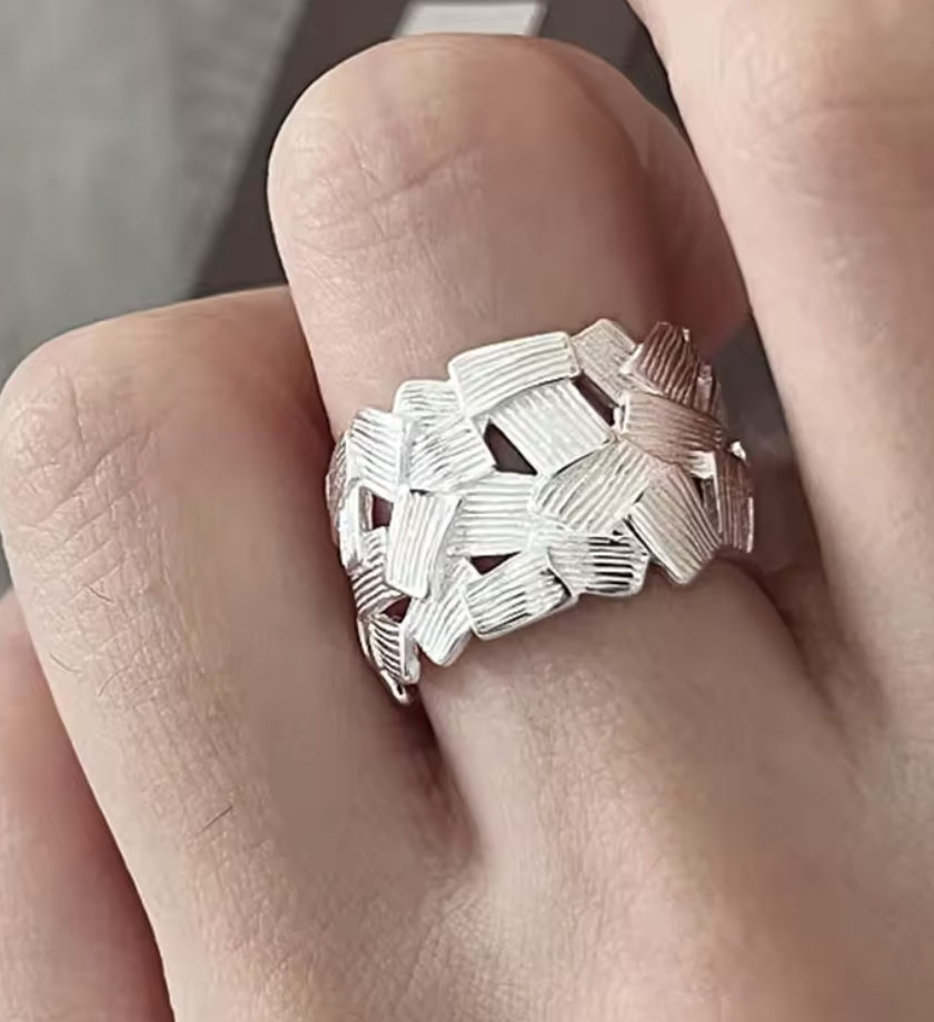 Statement Ring S925 Silber - Breiter Flecht-Ring | Boho Silberring verstellbar | MALASUgrößenverstellbarer Damenring gebürstet, Serling Silber