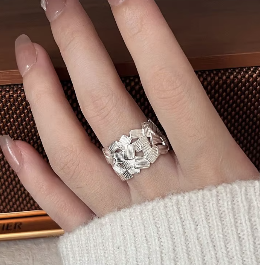 Statement Ring S925 Silber - Breiter Flecht-Ring | Boho Silberring verstellbar | MALASUgrößenverstellbarer Damenring gebürstet, Serling Silber
