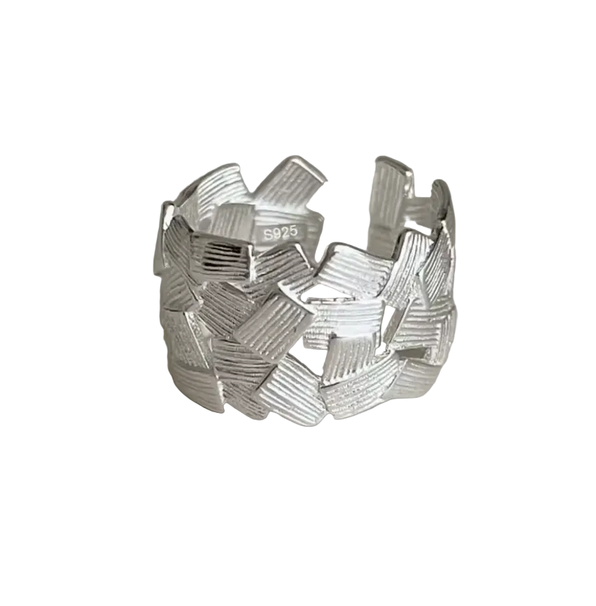 Statement Ring S925 Silber - Breiter Flecht-Ring | Boho Silberring verstellbar | MALASUgrößenverstellbarer Damenring gebürstet, Serling Silber