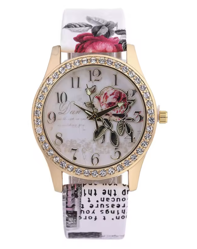 Damenuhr Lederband, Mode Damen Uhren Frauen mit Blumendruck , Uhr Luxus Casual Quarz Leder