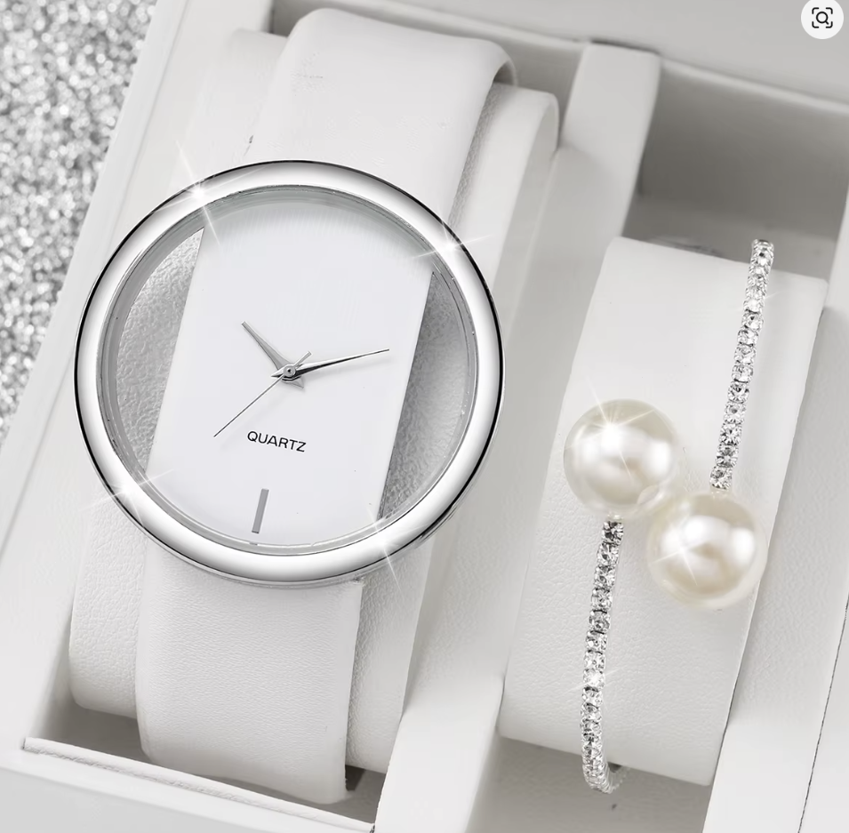 Damenuhr Lederband, Analog Quarzuhr Perlen Armband Set , durchsichtig & weiß für Damen