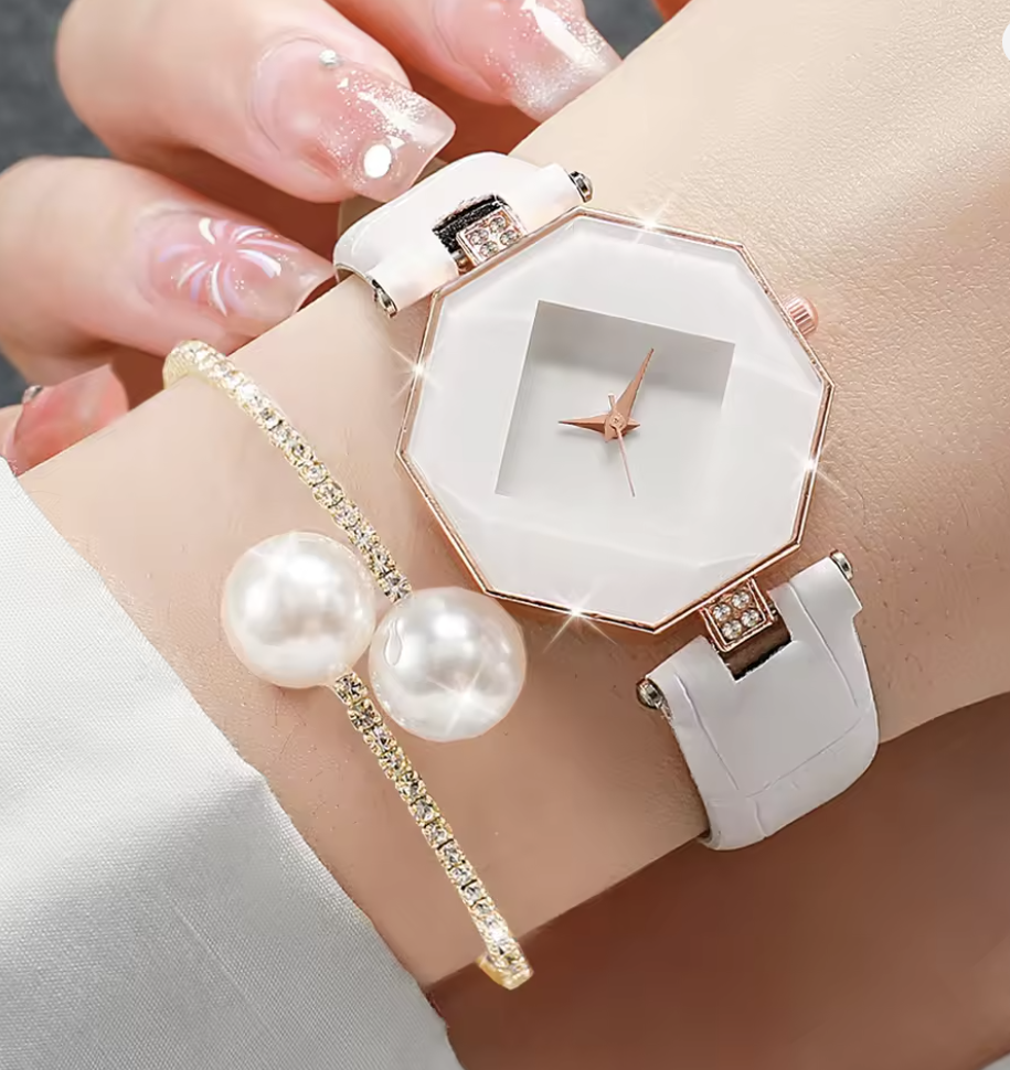 Damenuhr Lederband, Analog Quarzuhr Perlen Armband Set , weiß für Damen