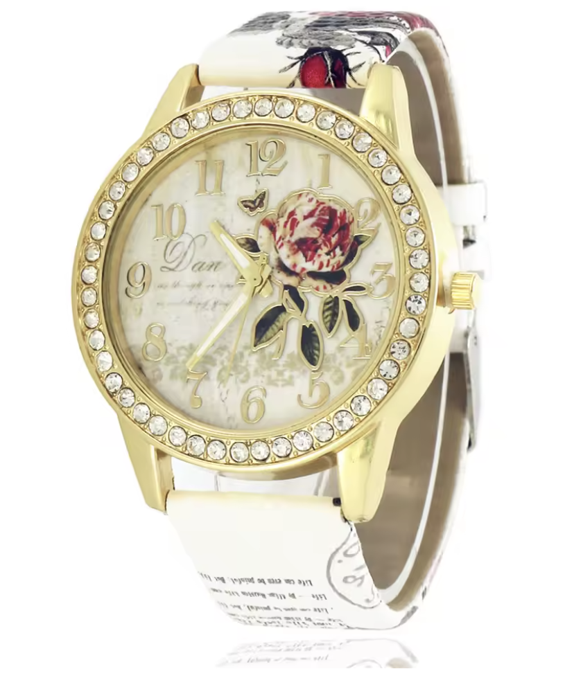 Damenuhr Lederband, Mode Damen Uhren Frauen mit Blumendruck , Uhr Luxus Casual Quarz Leder