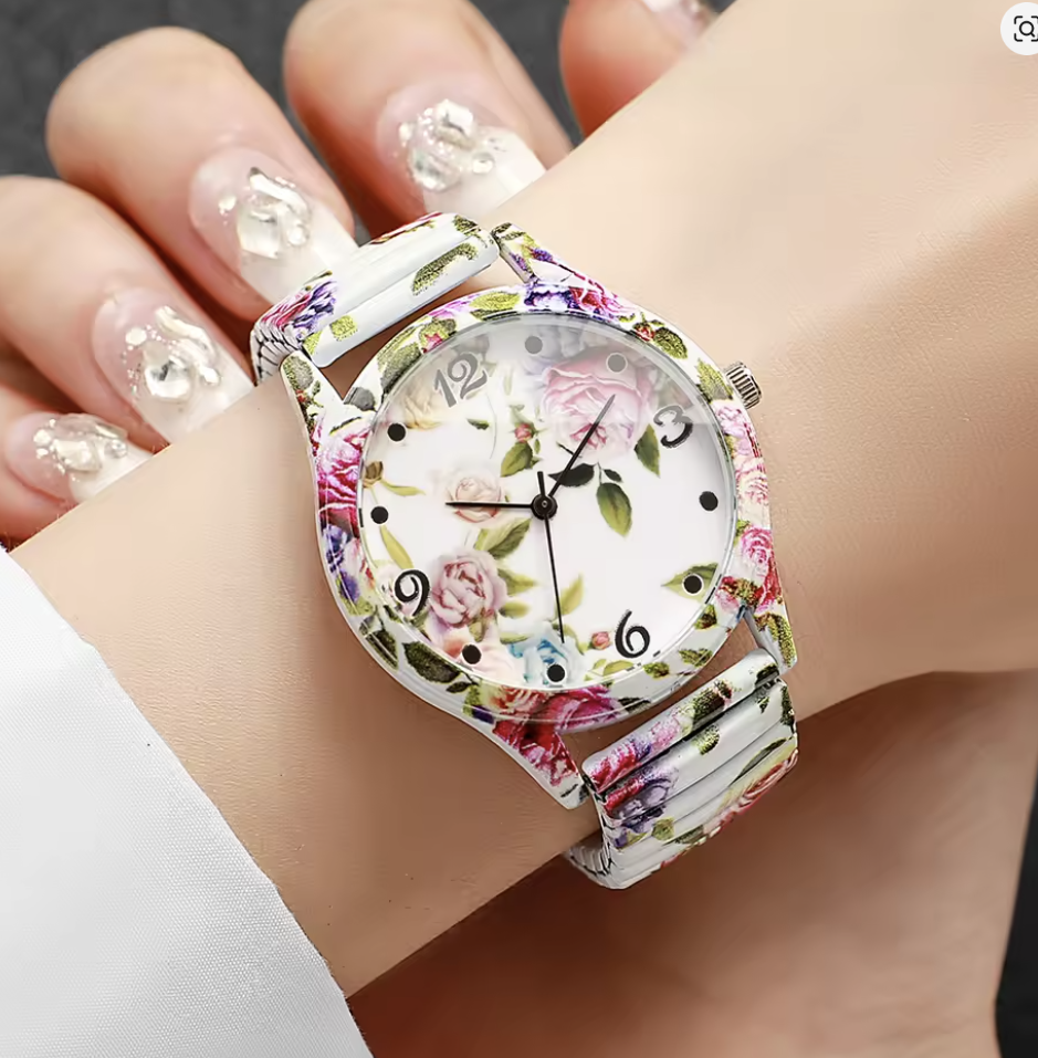Damen-Quarz-Armbanduhren mit floralem Print und elastischem Zugband, 3 Varianten