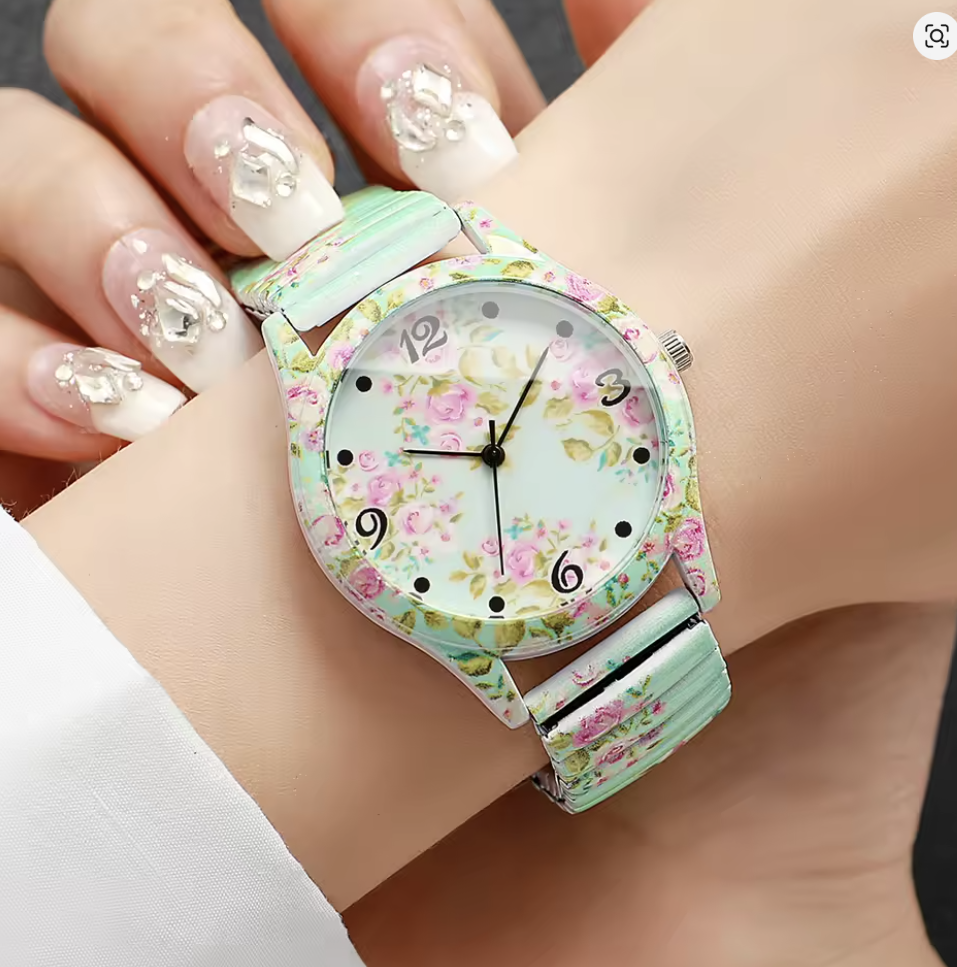 Damen-Quarz-Armbanduhren mit floralem Print und elastischem Zugband, 3 Varianten