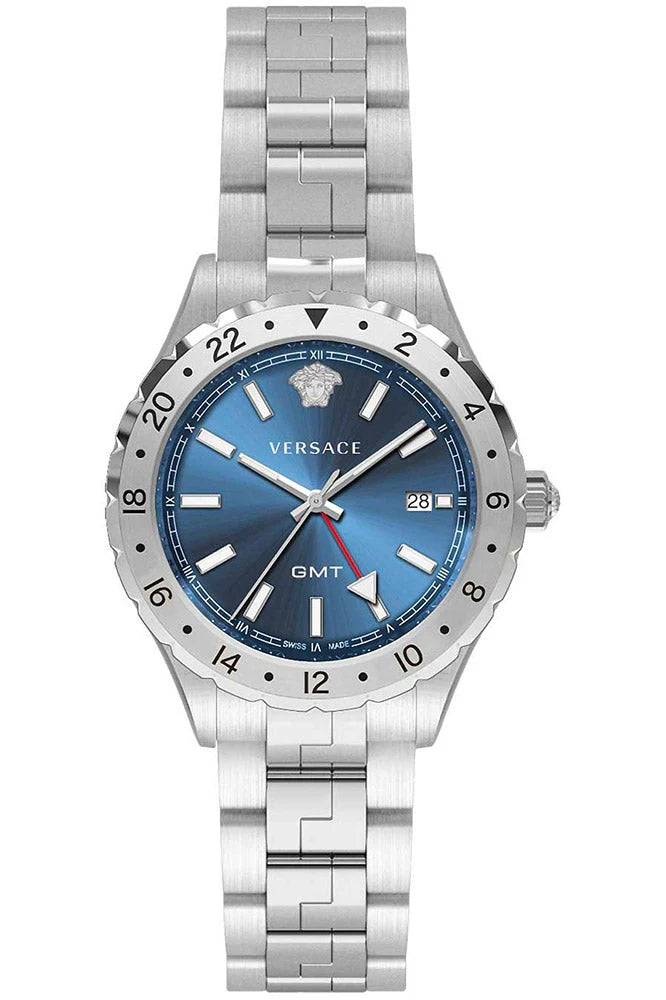Versace Hellenyium GMT Blau- Silber mit Stahl Band, Herrenuhr – V11010015
