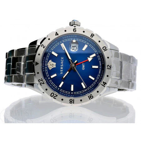 Versace Hellenyium GMT Blau- Silber mit Stahl Band, Herrenuhr – V11010015