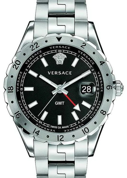 Versace Hellenyium GMT Schwarzes Zifferblatt Silber Metallarmband Herrenuhr – V11020015