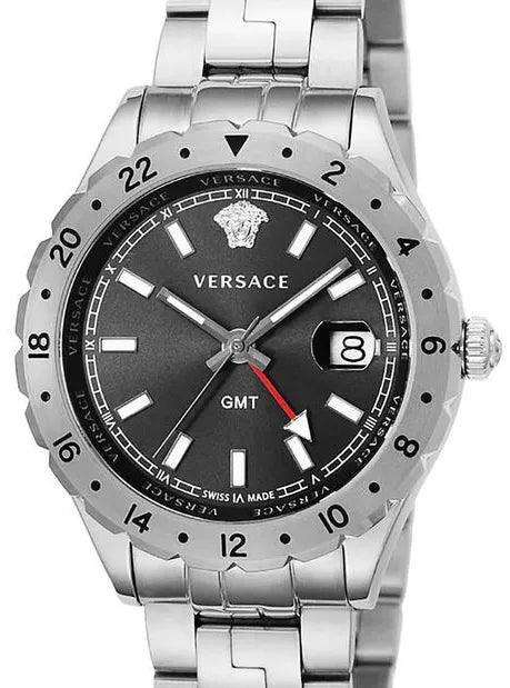 Versace Hellenyium GMT Schwarzes Zifferblatt Silber Metallarmband Herrenuhr – V11020015