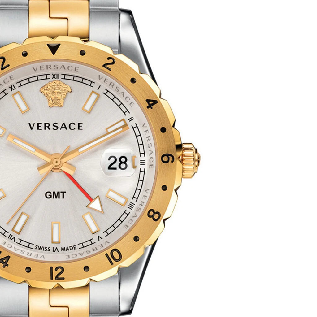 Versace Hellenyium GMT Silberfarbenes Zifferblatt-Zweifarbiges Armband, Uhr für Herren – V11030015