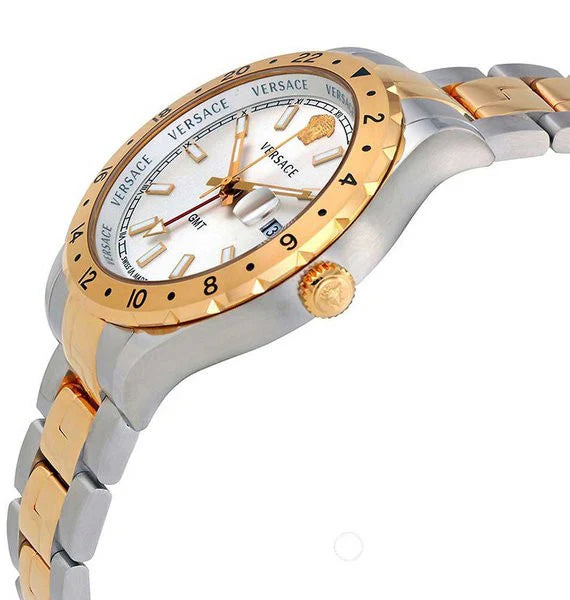 Versace Hellenyium GMT Silberfarbenes Zifferblatt-Zweifarbiges Armband, Uhr für Herren – V11030015