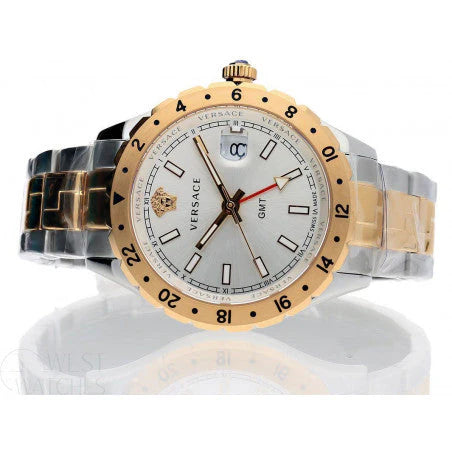 Versace Hellenyium GMT Silberfarbenes Zifferblatt-Zweifarbiges Armband, Uhr für Herren – V11030015