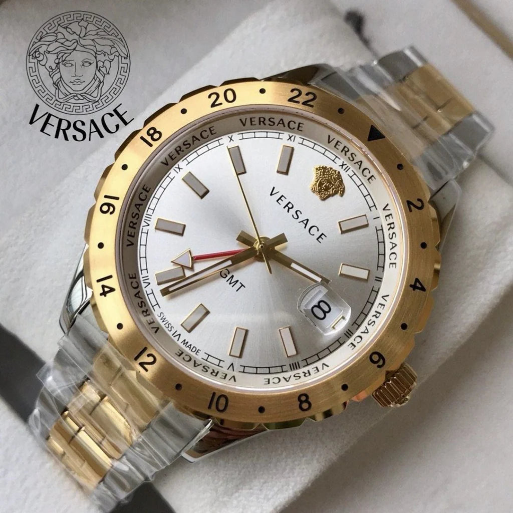 Versace Hellenyium GMT Silberfarbenes Zifferblatt-Zweifarbiges Armband, Uhr für Herren – V11030015