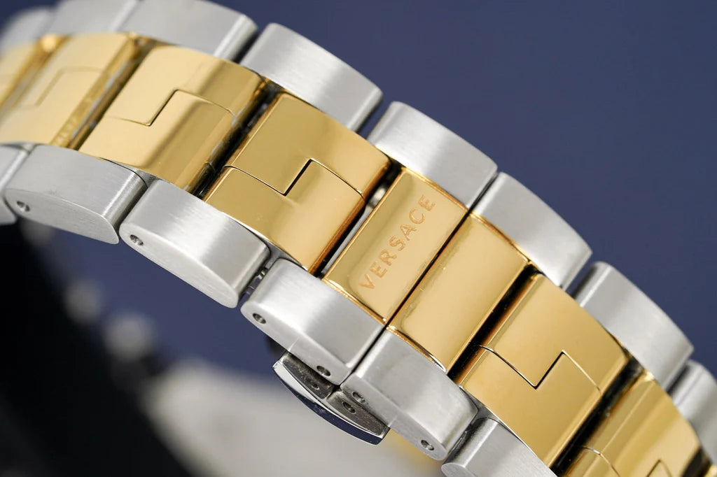Versace Hellenyium GMT Silberfarbenes Zifferblatt-Zweifarbiges Armband, Uhr für Herren – V11030015