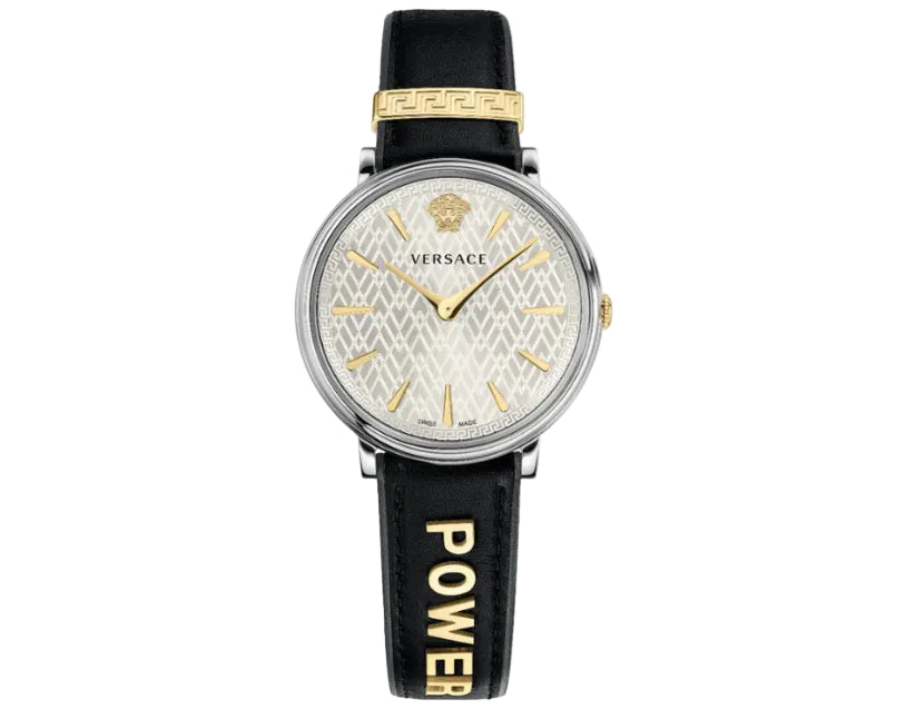 Versace V Circle Quarz Schwarzes Zifferblatt Lederarmbanduhr für Damen – VBP110017