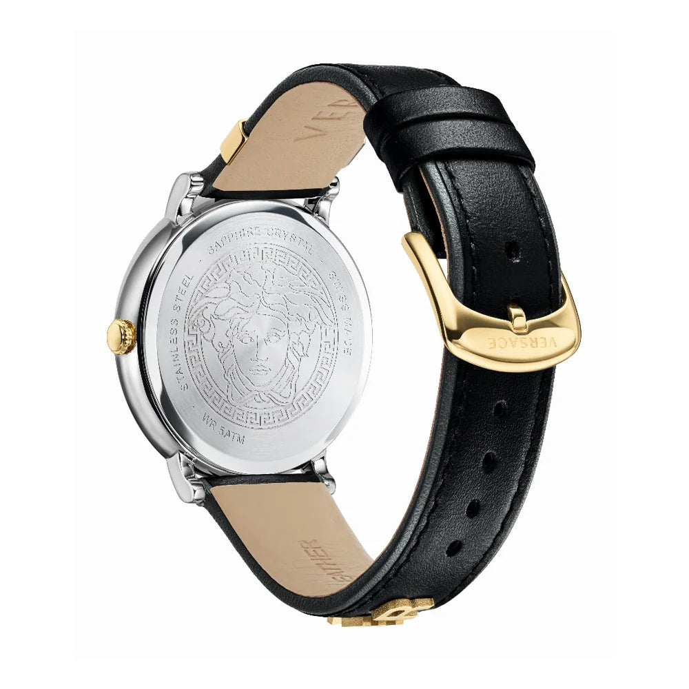 Versace V Circle Quarz Schwarzes Zifferblatt Lederarmbanduhr für Damen – VBP110017