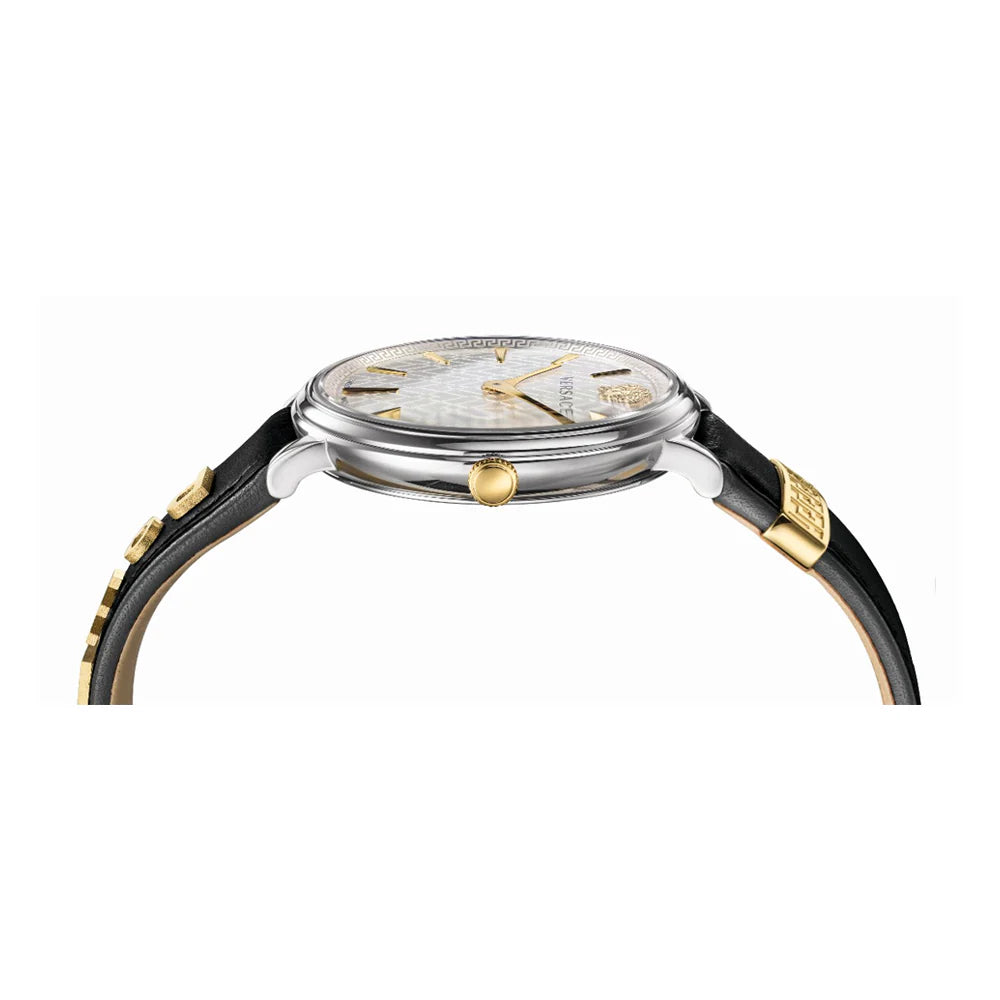 Versace V Circle Quarz Schwarzes Zifferblatt Lederarmbanduhr für Damen – VBP110017